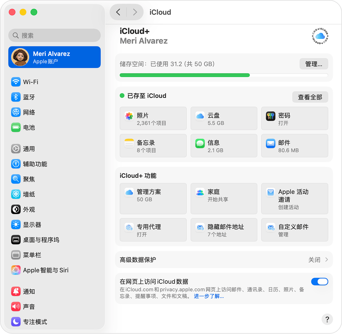 在 macOS 的 iCloud 设置中，你可以在“已存至 iCloud”部分中找到“云盘”。