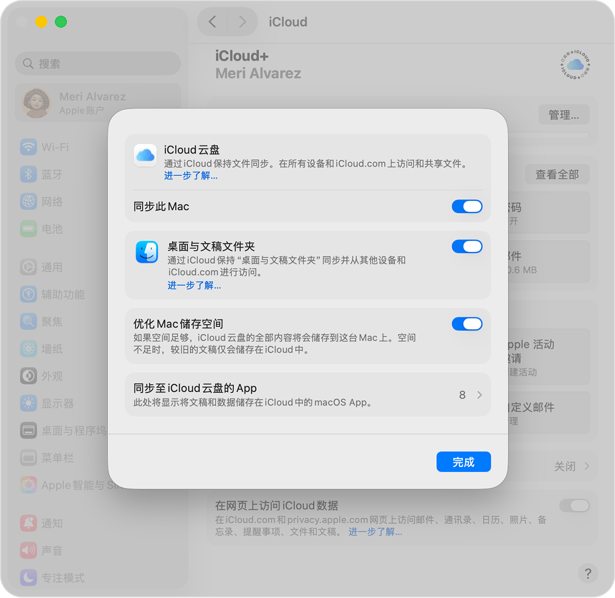 Mac 设置中显示了 iCloud 云盘，且“桌面与文稿文件夹”已打开。
